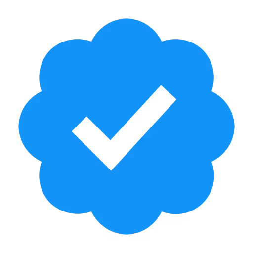 Blue verified badge with a black check mark inside a flower-shaped circle.