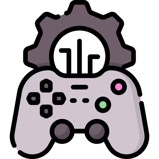 Illustration of a gray video game controller with buttons and a gear icon partially behind it.