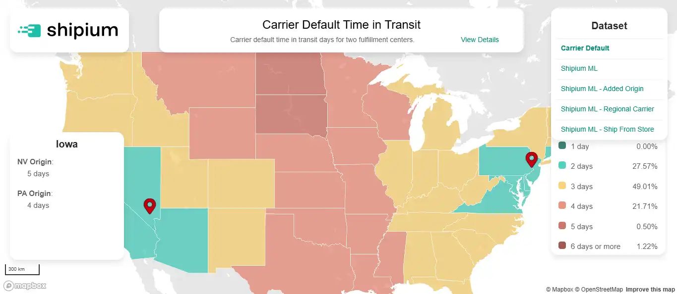 A map powered by Shipium’s ML-based time-in-transit modeling showcasing how AI in logistics and supply chain can be used.