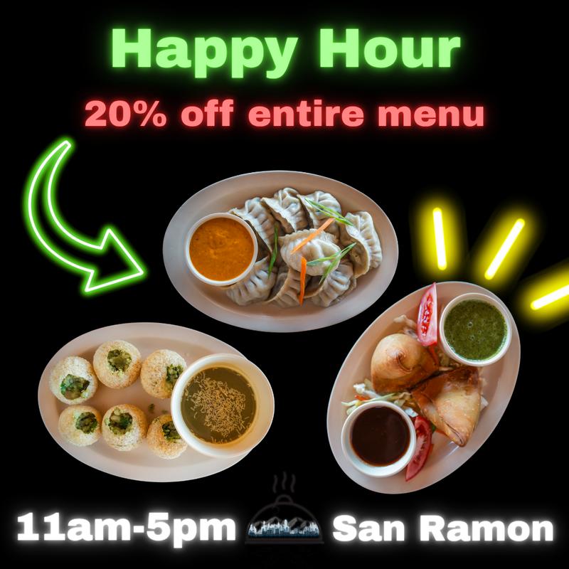 "Happy Hour flyer featuring vibrant neon text announcing 20% off the entire menu from 11am-5pm. Includes images of dumplings, samosas, and a dish with green chutney, set against a black background with arrows and highlights for emphasis."