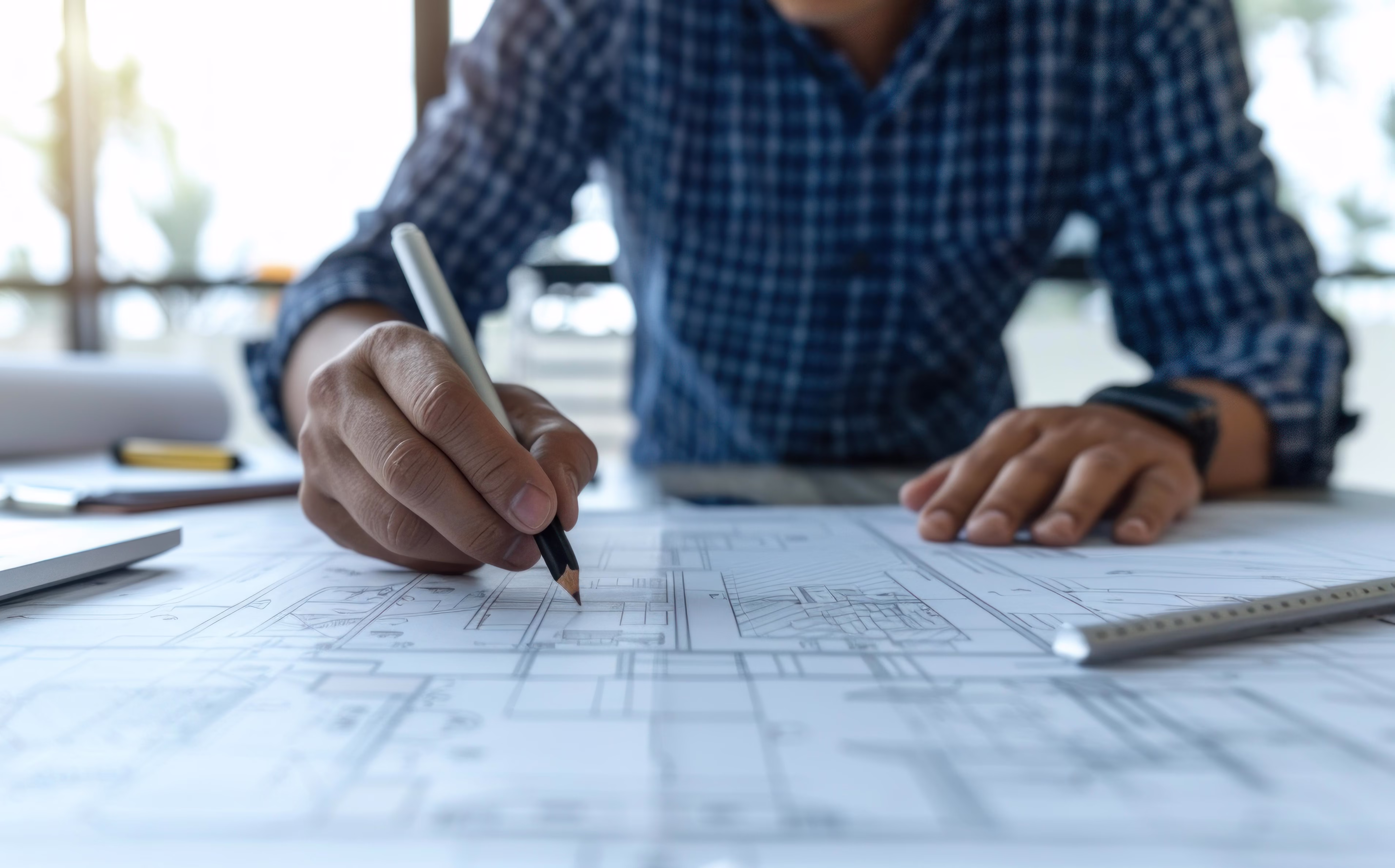 Person in a checkered shirt drawing architectural plans with a pencil on a blueprint.