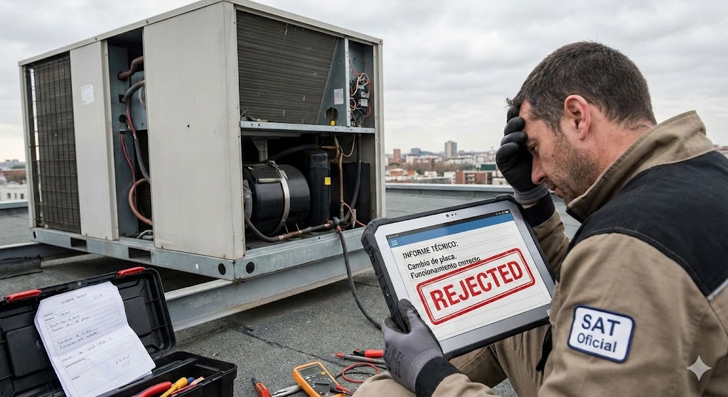 Técnico de SAT oficial revisando una unidad de climatización VRF con una tablet que muestra un informe de garantía rechazada por falta de evidencia técnica.
