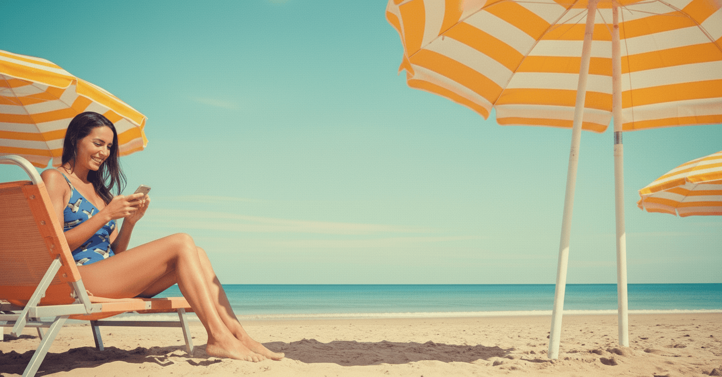 woman on a beach looking at her phone