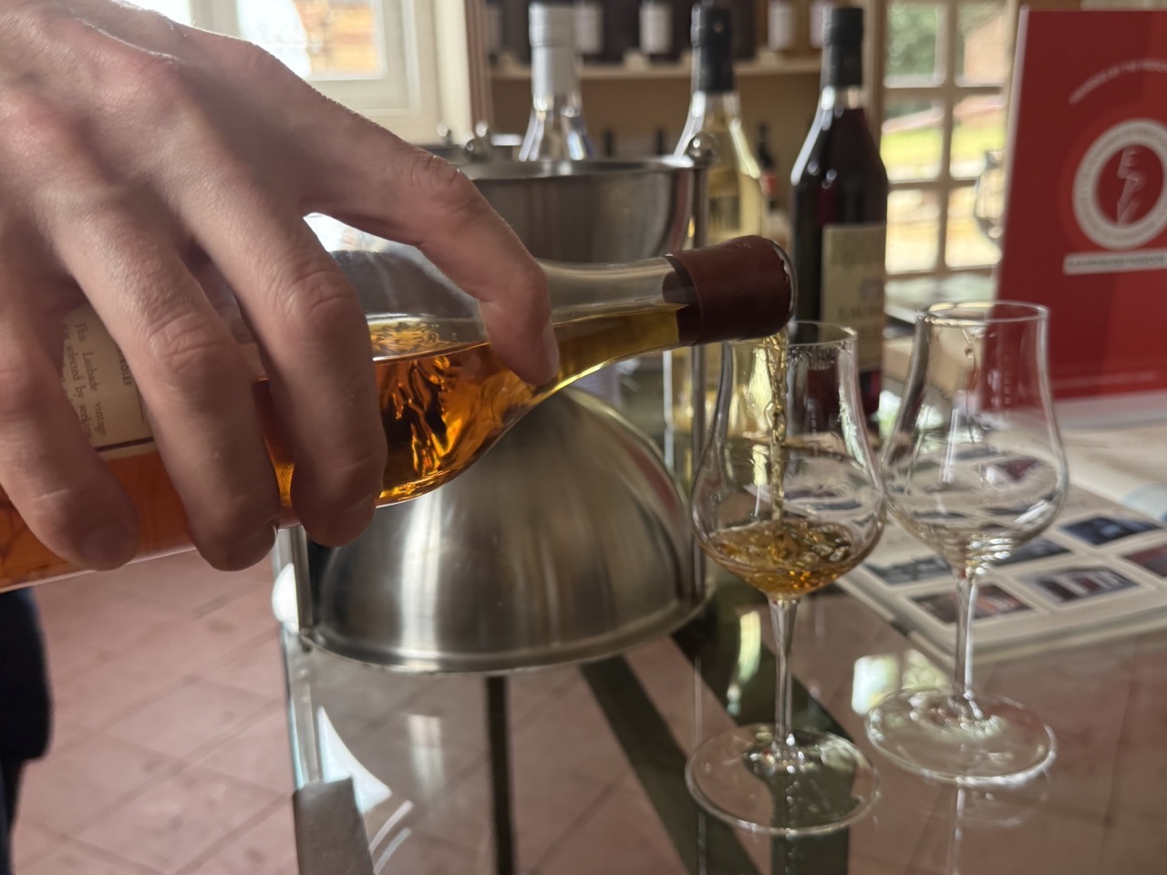 Glas Weißwein neben einem blauen Teller mit frischen Austern auf Eis und einer Zitronenscheibe.
