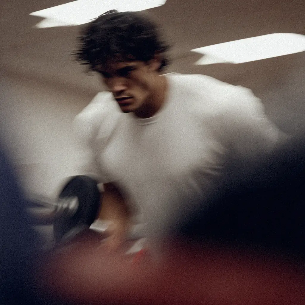A man lifting weights in a gym, focusing on his muscle strength. The scene appears slightly blurry, with an emphasis on the action of lifting a dumbbell.