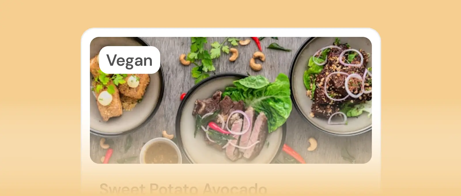 A screenshot of a food menu featuring a dish called Vegan Sweet Potato Avocado.