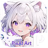 Anime-style white-haired character with purple eyes and cat ears, with the text 'PixAI Art' and a partial letter 'P' in the corner.