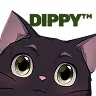 Illustration of a cute grey cat with large green eyes looking upward, with the text 'DIPPY™' above its head.