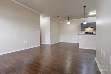 Living area with view of kitchen