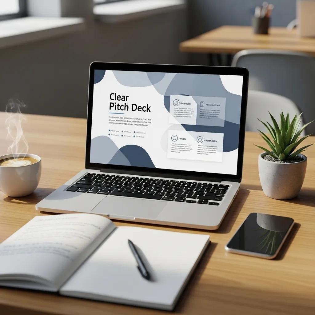 Well-designed pitch deck on a laptop screen in a professional workspace