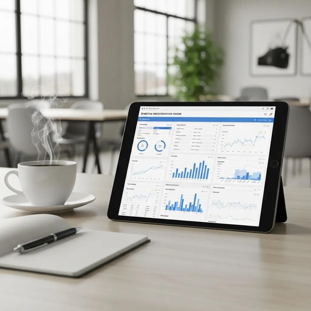 Digital interface of an investor data room on a tablet in a modern office
