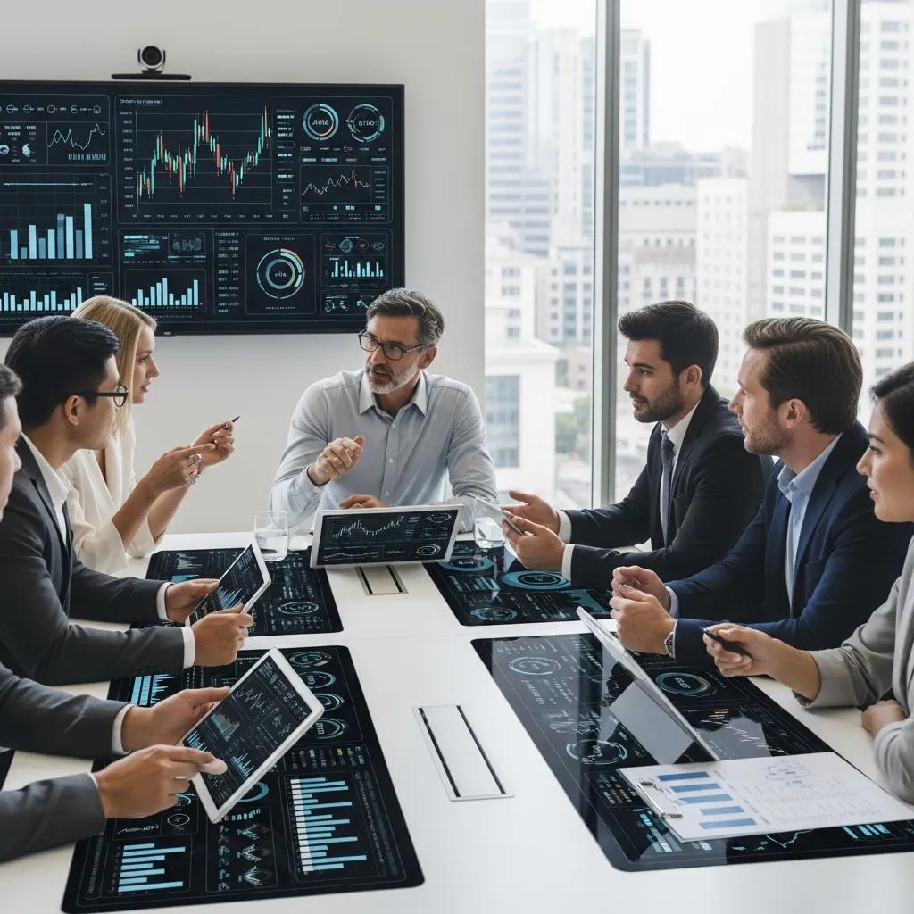 Investors discussing AI-driven insights for informed decision-making in startup fundraising