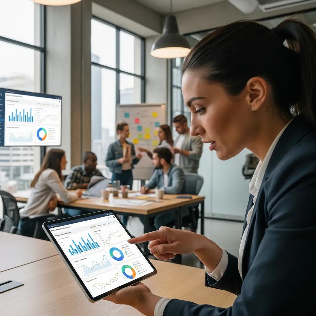 Startup founder reviewing engagement analytics on a tablet in a modern office
