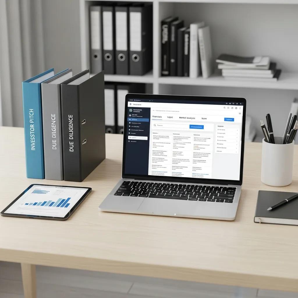 Organized investor data room with a laptop displaying secure document management