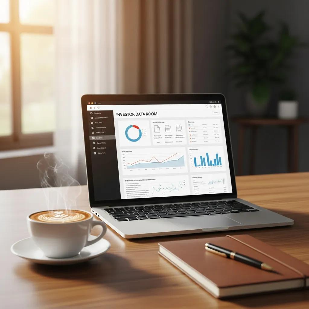Laptop showing an investor data room interface, representing the facilitation of startup fundraising