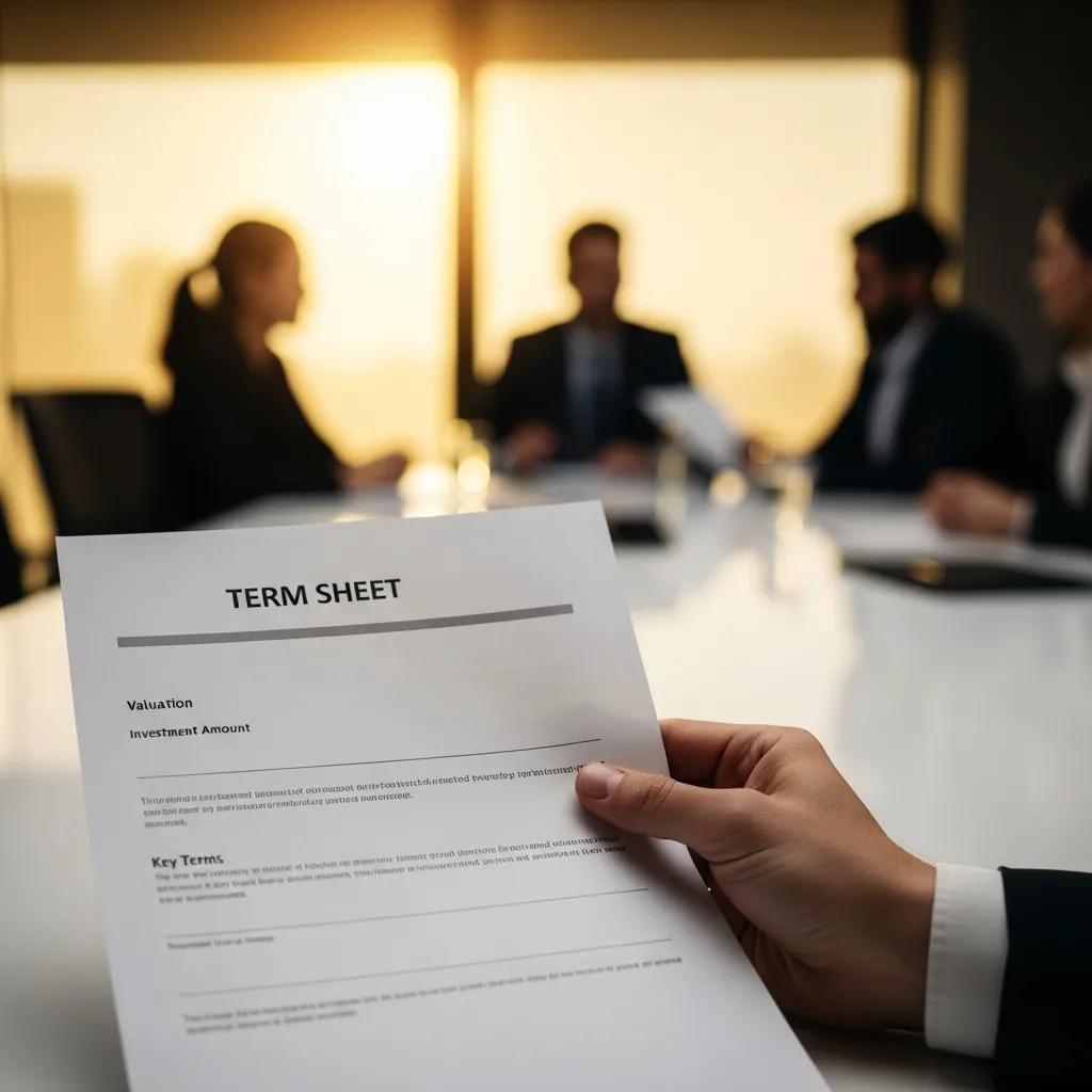Close-up of a term sheet in a meeting, illustrating key investment terms for startup founders