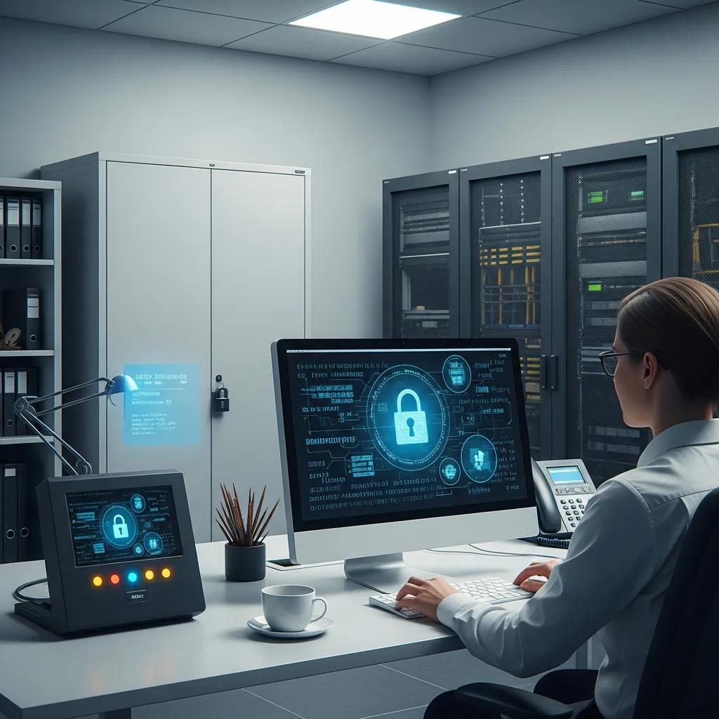 Secure data room showcasing data protection strategies in a modern workspace