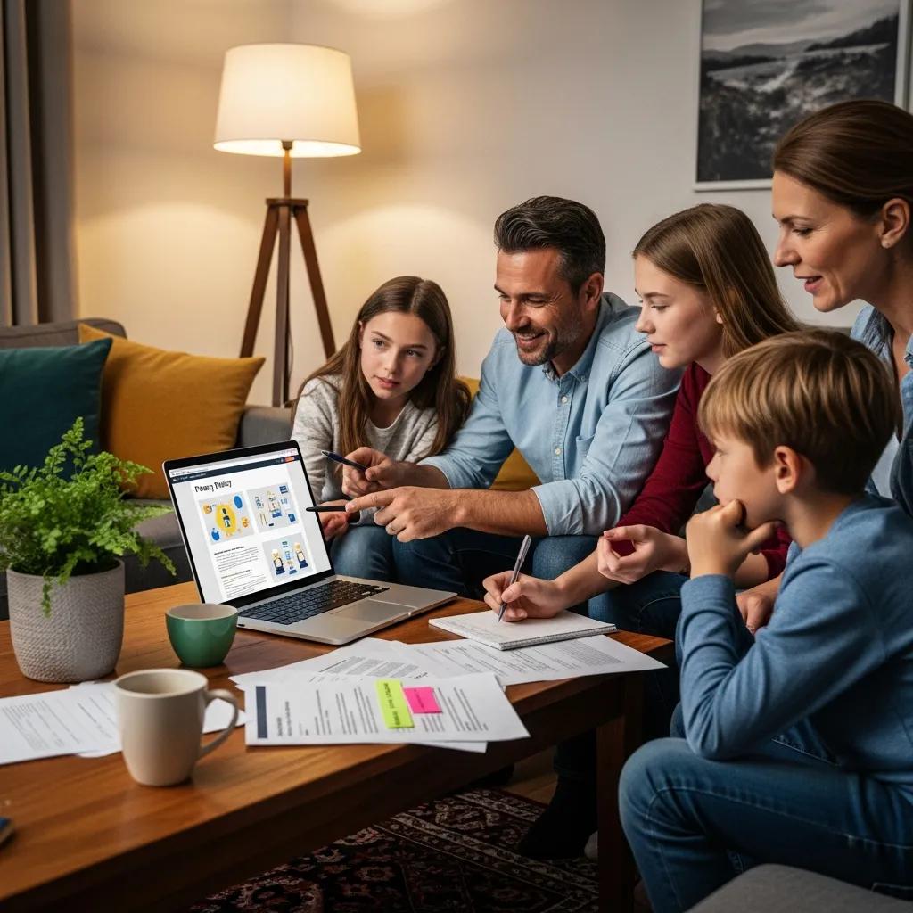 Family discussing user rights and data privacy in a comfortable home setting