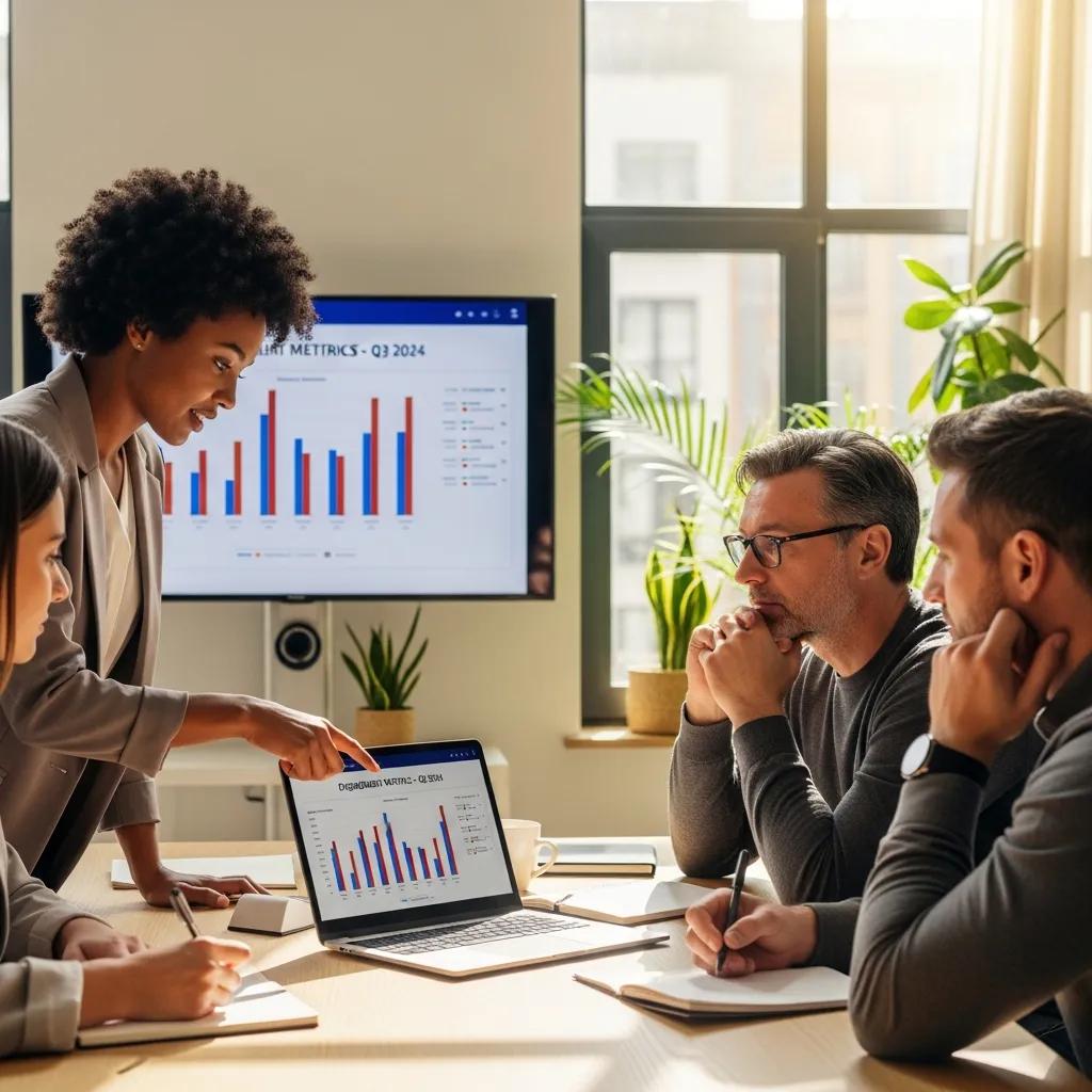 Investors collaborating on engagement metrics in a conference room