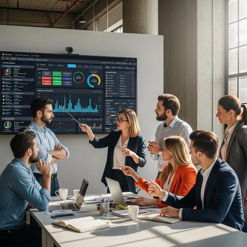 Startup team analyzing real-time investor activity on a large screen