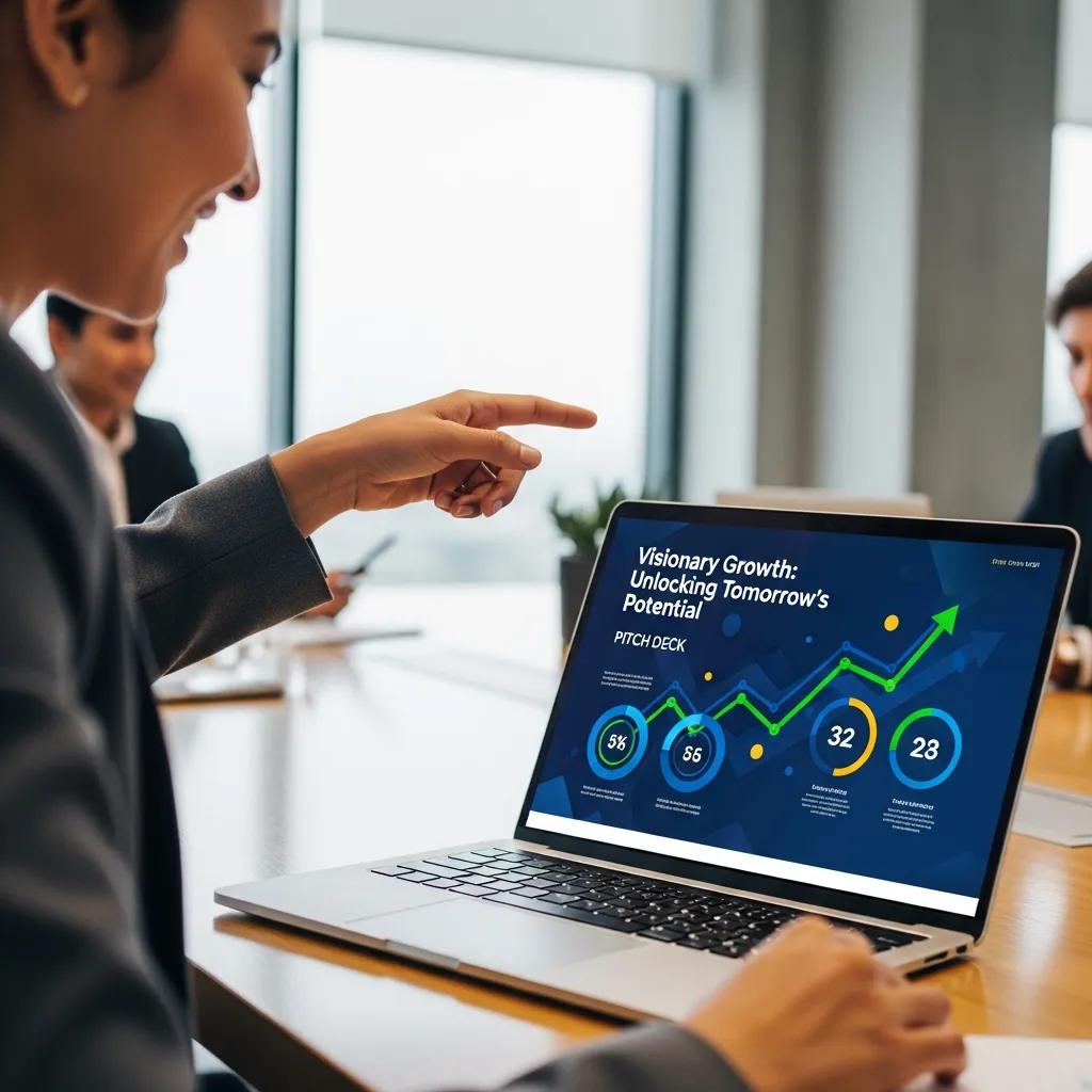 A pitch deck on a laptop screen in a professional setting, illustrating effective fundraising strategies