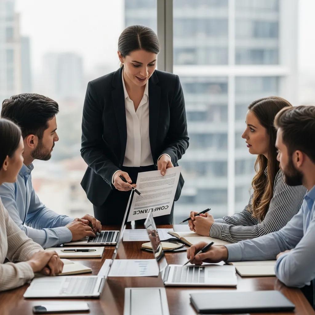 Legal advisor discussing compliance documents with a startup team