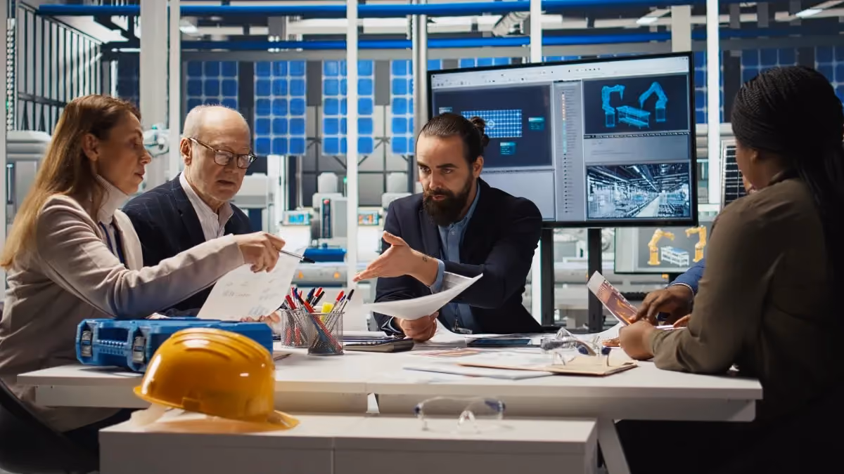 Engineers reviewing detailed schematics and documents around a table in a solar panel assembly factory.