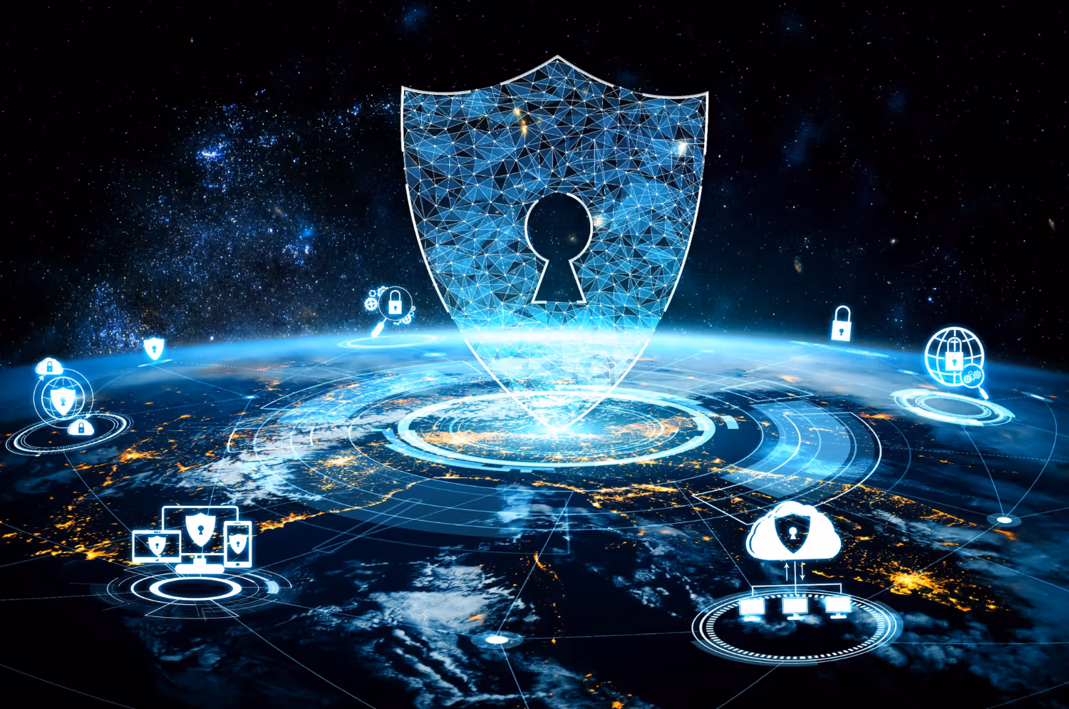 Digital shield with keyhole and cybersecurity icons floating above Earth in space, symbolizing global digital security.