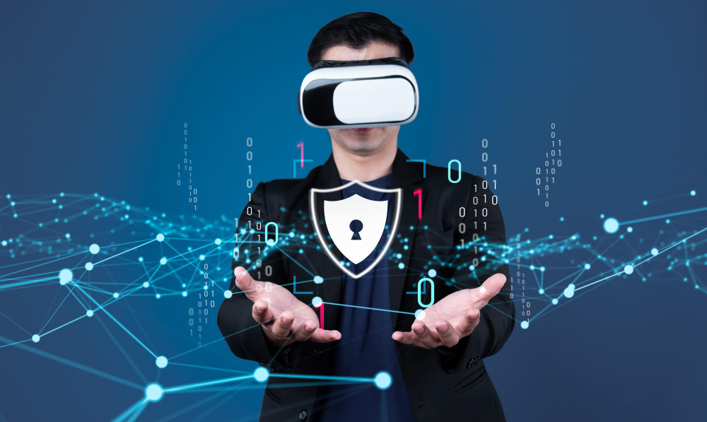Man wearing virtual reality headset holding a digital shield with a keyhole, surrounded by binary code and connected network lines.