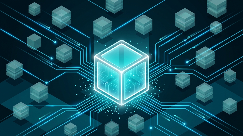Abstract representation of secure data transformation and AI pattern recognition blocks