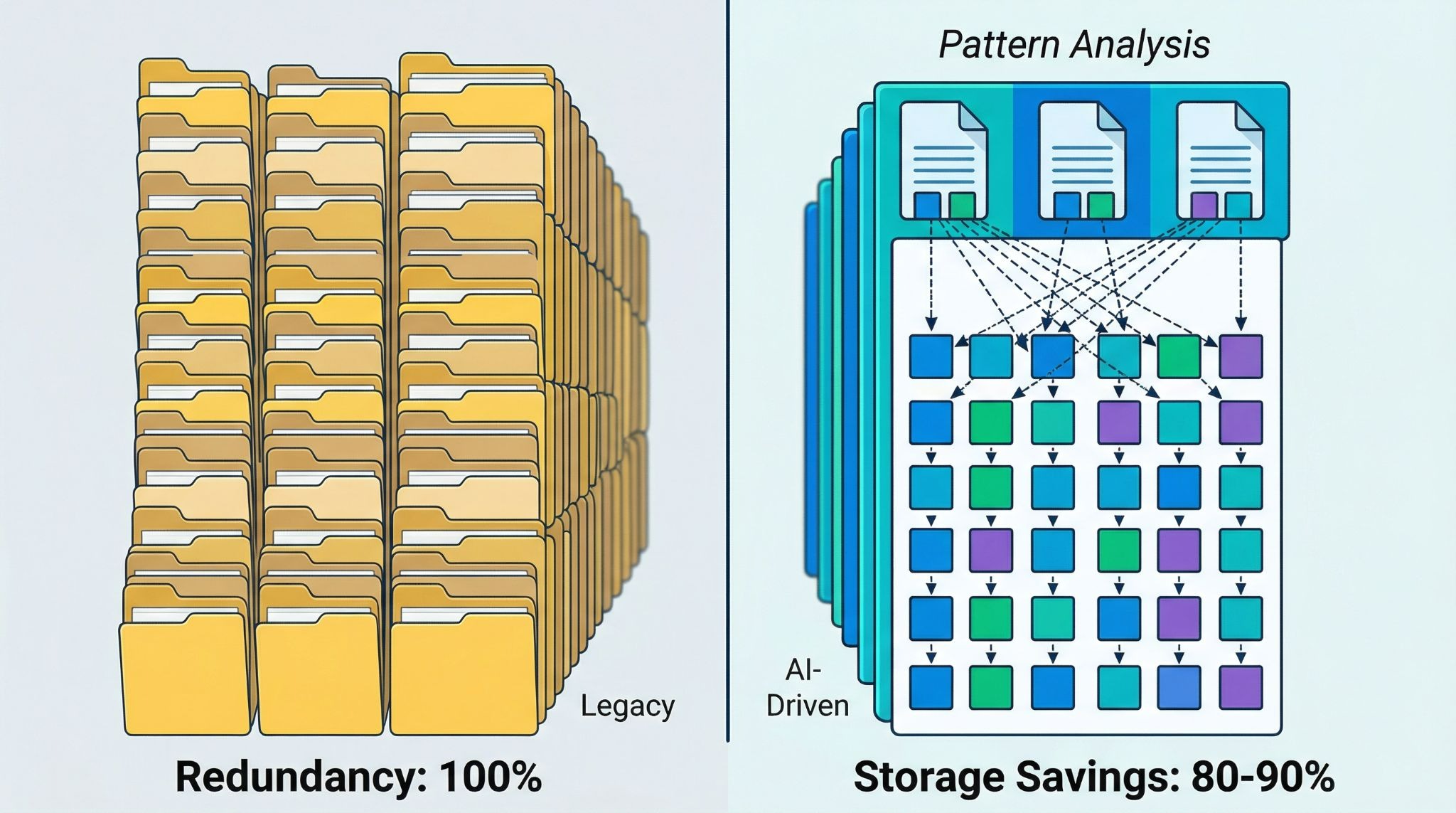 Visual comparison of traditional file storage versus AI pattern block deduplication