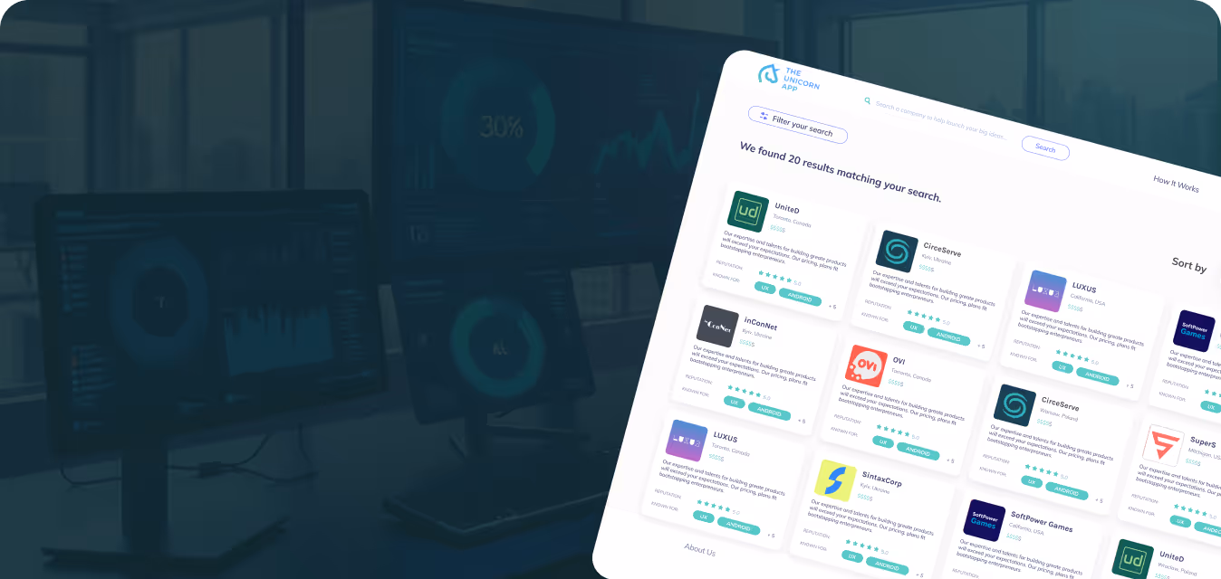 Computer workstation with multiple monitors displaying various data charts and a tilted interface screen showing search results for software products from different companies.