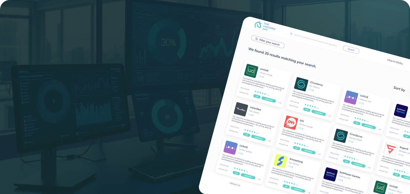 Computer workstation with multiple monitors displaying various data charts and a tilted interface screen showing search results for software products from different companies.
