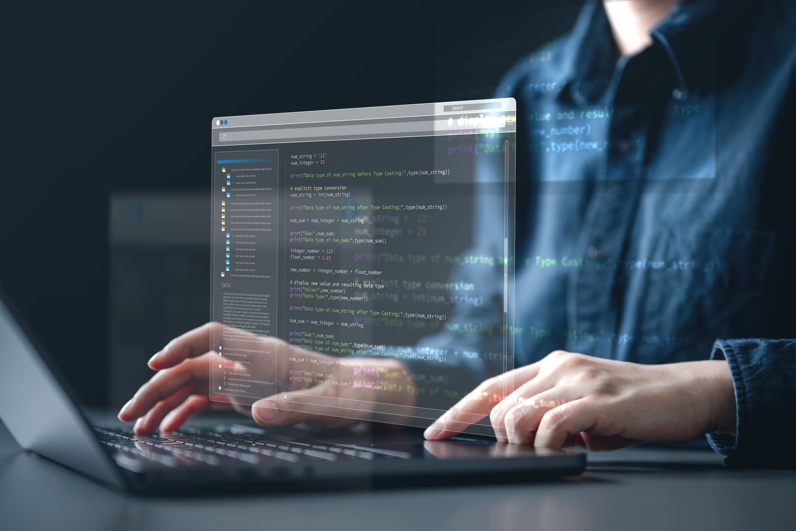 Person typing on laptop with transparent coding interface displaying programming code and file directory.