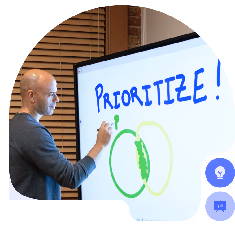 Dr Apollo making a presentation - on a board the big work "prioritize"