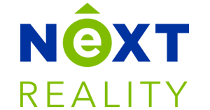 Logo NextReality s modrým a zeleným designem a sloganem "Make It Real".
