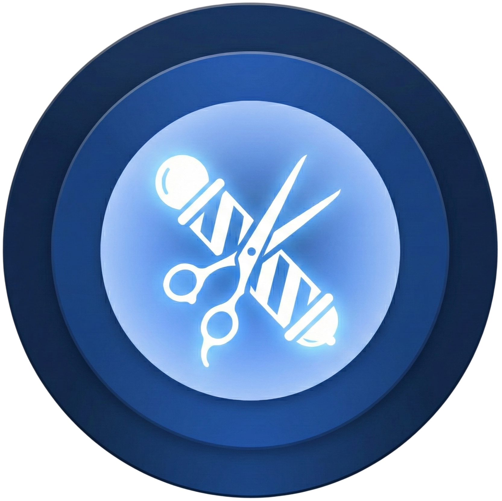 Ikona kadeřnických nůžek a holičského pruhu osvětlená modrým světlem v kruhu.