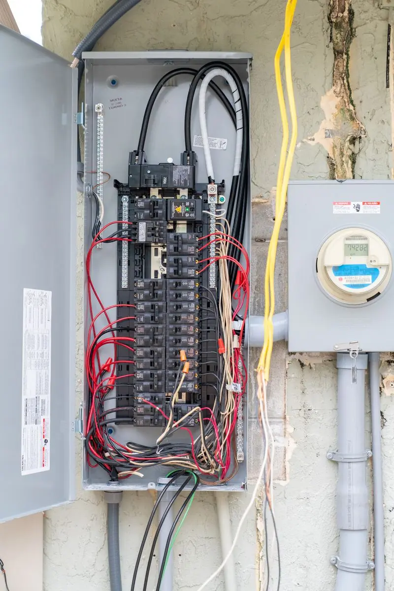 A newly installed outdoor electrical panel with its cover open and new breakers wired, next to the electric meter on the side of a house