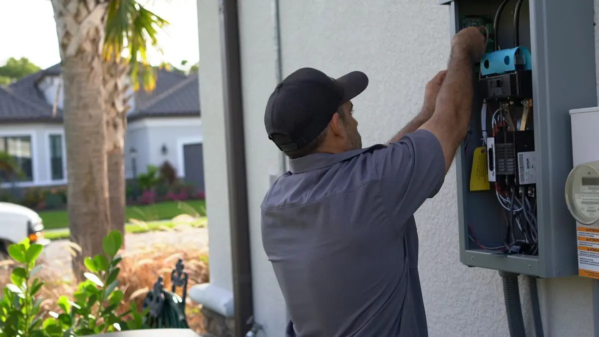 An Air & Energy technician works inside an open Kohler automatic transfer switch mounted on the side of a house