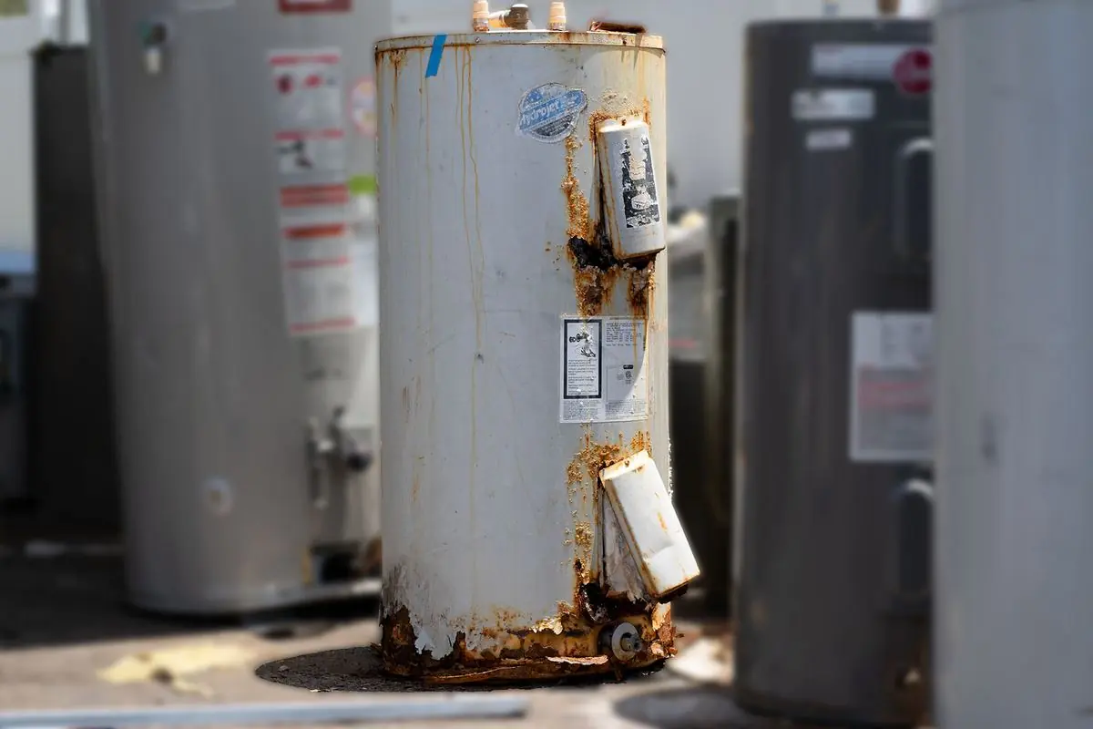 Old tank water heater, rusted at the base and around its element covers, after removal from a home