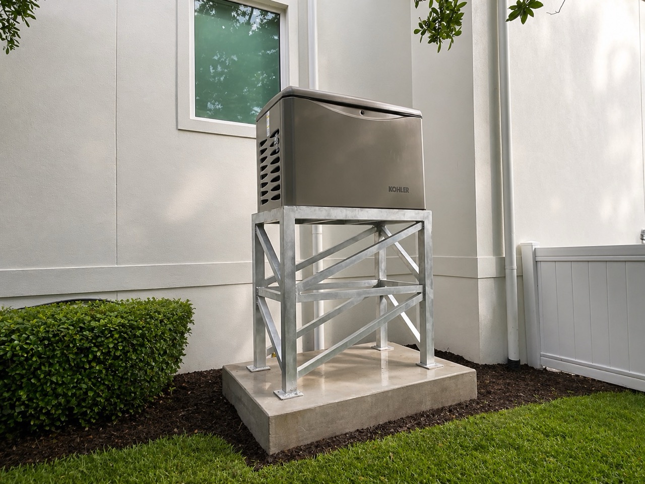 Kohler whole-home generator on a quality engineered aluminum elevation stand at an Air and Energy install in Manatee County, Florida