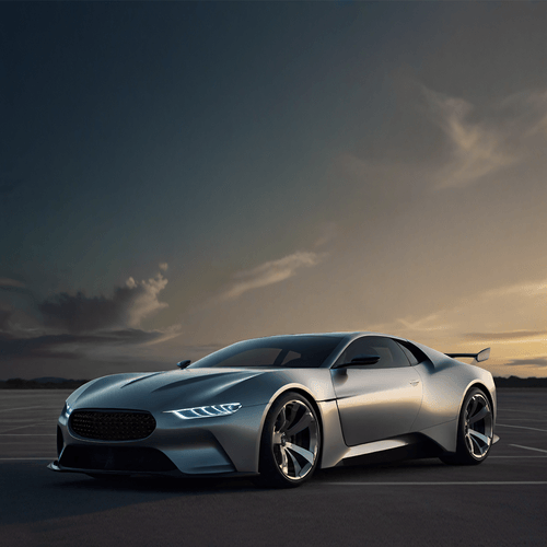 Silver modern sports car with LED headlights parked on an empty road at sunset.