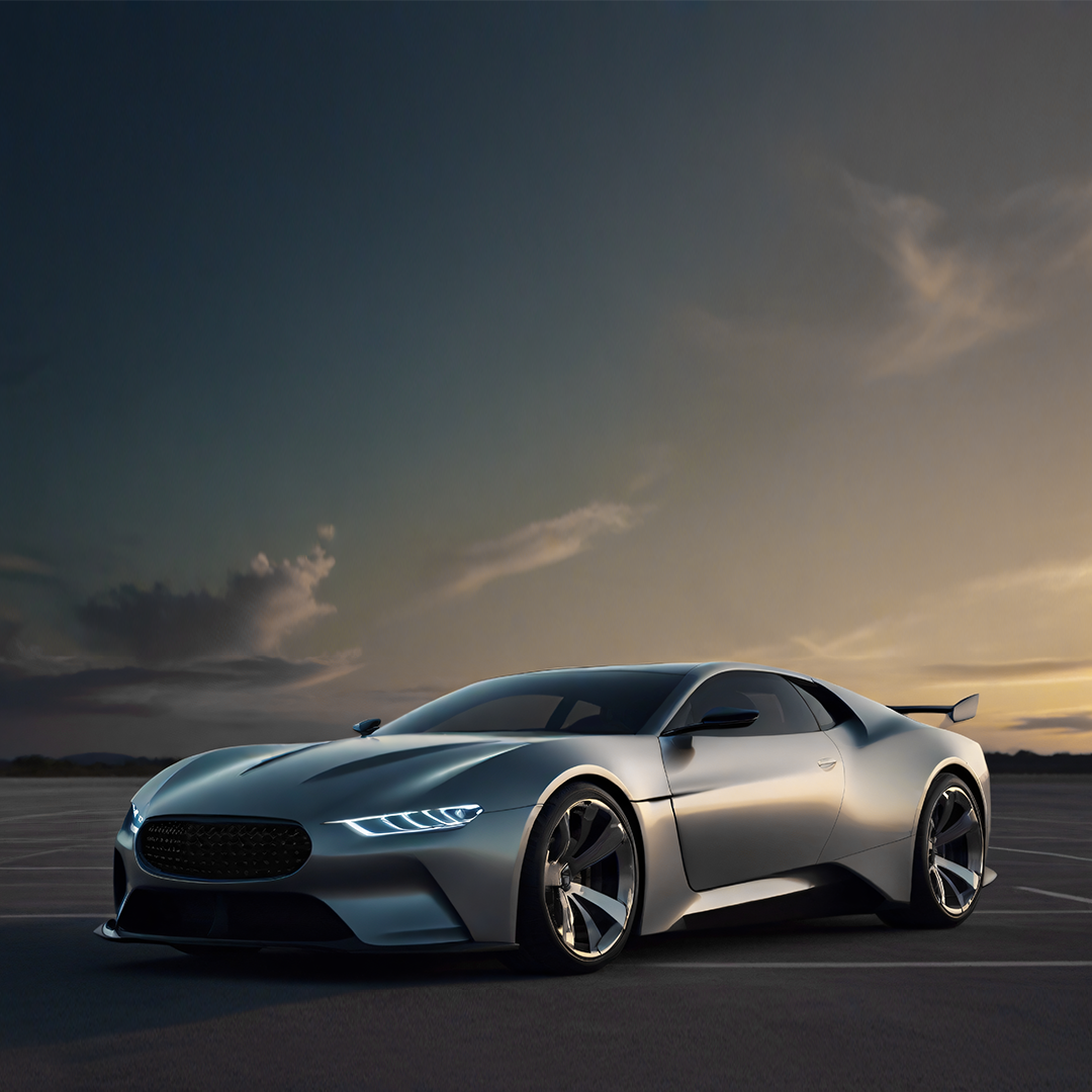 Silver modern sports car with LED headlights parked on an empty road at sunset.