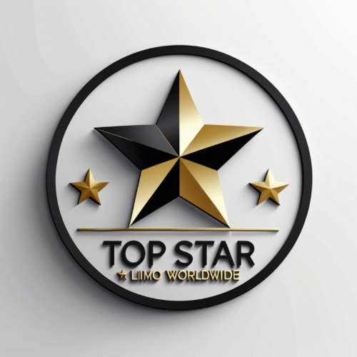 Three-dimensional logo featuring a central black and gold star flanked by two smaller gold stars, with the text 'TOP STAR' and 'LIMO WORLDWIDE' beneath it in black and gold within a black circular border.
