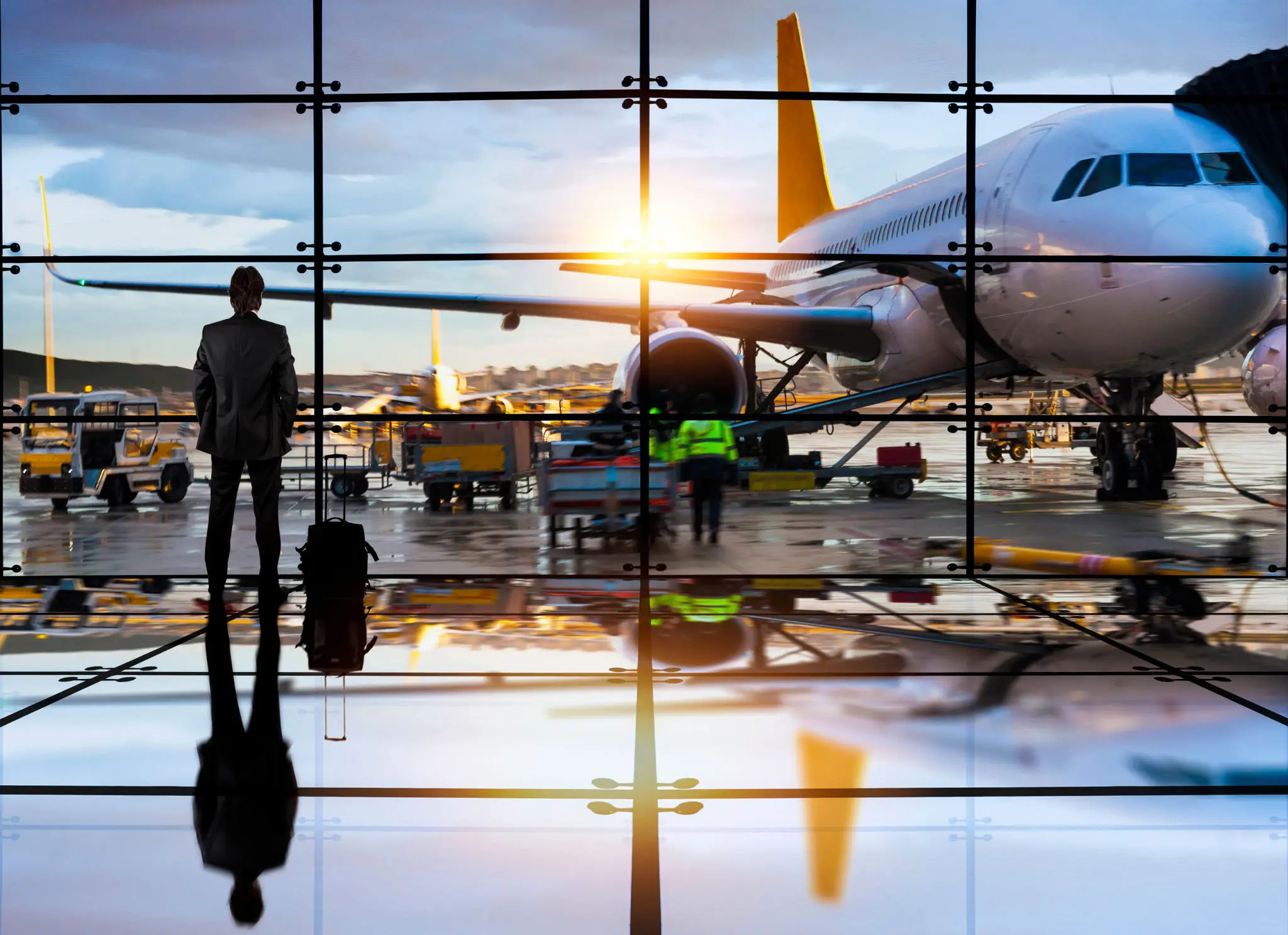 Man in a suit standing at an airport terminal window with luggage, watching a plane on the tarmac during sunset.