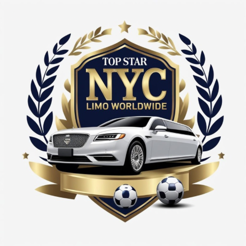 TOP STAR NYC LIMO WORLDWIDE luxury limousine branding luxury limousine in front of a gold and navy emblem with laurel wreaths and the text 'Top Star NYC Limo Worldwide,' featuring two soccer balls at the bottom.