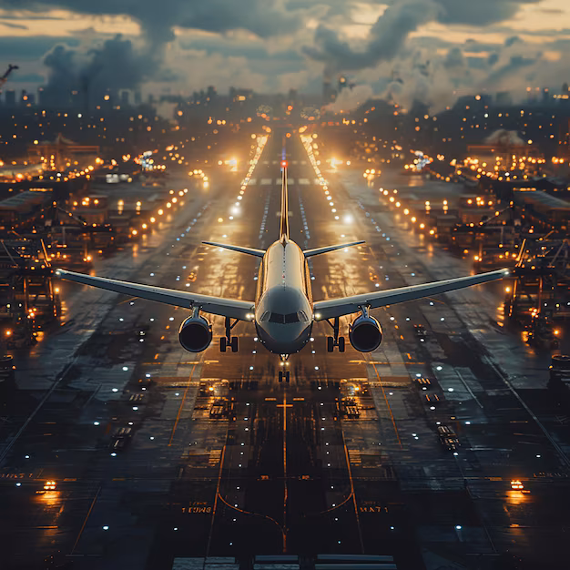 Commercial airplane centered on runway preparing for takeoff at dusk with city lights in the background.