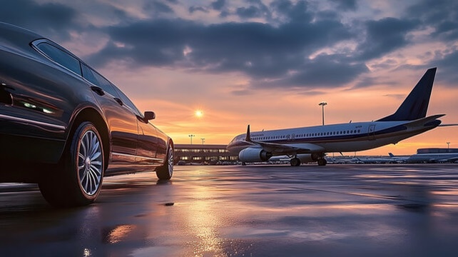 Black luxury car parked on wet airport tarmac with airplane in the background during sunset.