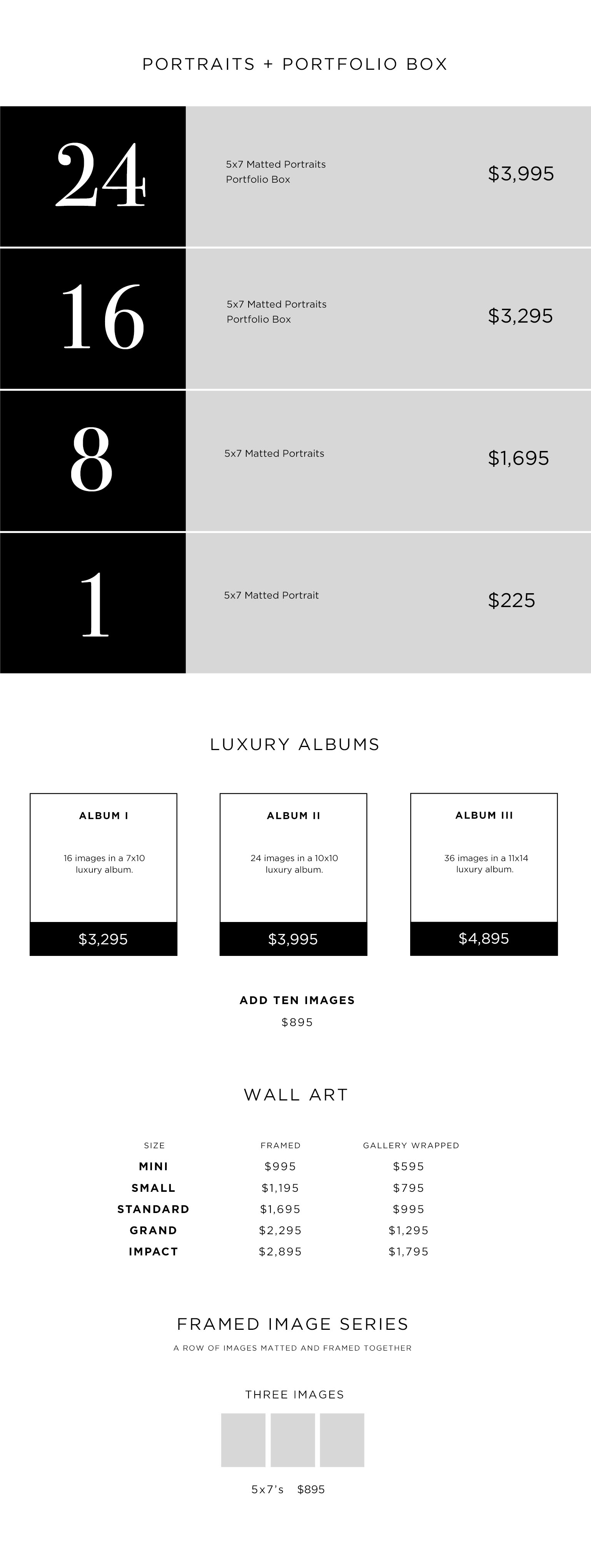 Pricing chart for portraits, luxury albums, wall art, and framed image series with quantities, dimensions, and prices.