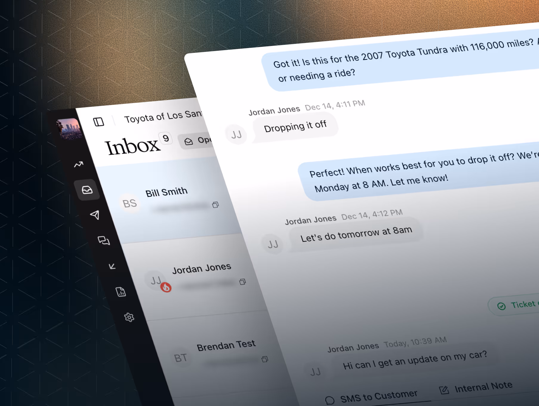 Screenshot of a messaging inbox from Toyota of Los Santos showing a conversation about dropping off a 2007 Toyota Tundra at 8 AM.